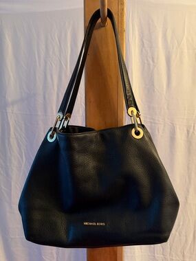Michael Kors Black Pebbled Leather Shoulder Tote with Gold Hardware